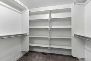 Walk in closet featuring dark colored carpet