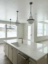 Kitchen featuring dishwasher, an island with sink, decorative light fixtures, and sink