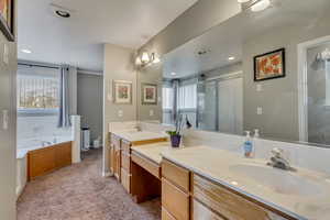 Bathroom featuring separate shower and tub, a wealth of natural light, and vanity