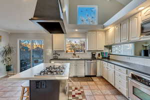 Kitchen featuring ventilation hood, white cabinets, sink, and appliances with stainless steel finishes