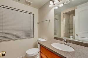 Bathroom featuring walk in shower, vanity, and toilet