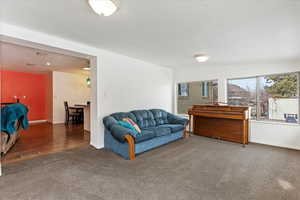 Carpeted living room featuring a textured ceiling and vaulted ceiling