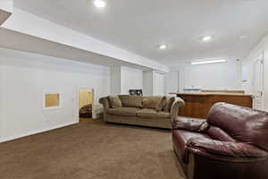 Living room featuring carpet and a textured ceiling