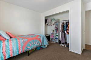 Bedroom featuring carpet flooring and a closet