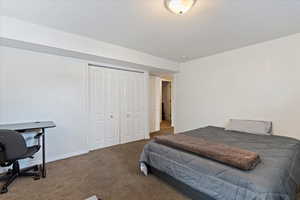 Carpeted bedroom with a closet