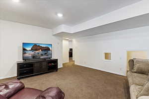 Carpeted living room with a textured ceiling