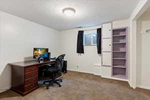 Carpeted office with built in features and a textured ceiling