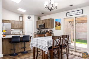 Kitchen with pendant lighting, dark wood-type flooring, a notable chandelier, a kitchen bar, and stainless steel appliances