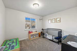 Bedroom with a textured ceiling, carpet floors, and a nursery area