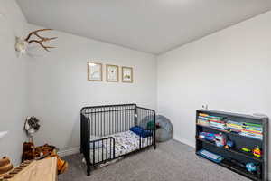 Bedroom with a textured ceiling, a crib, and carpet floors