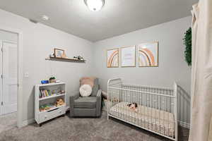 Carpeted bedroom featuring a nursery area and a textured ceiling