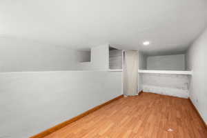 Basement featuring wood-type flooring