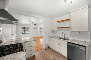 Kitchen featuring sink, ceiling fan, light stone countertops, light hardwood / wood-style floors, and stainless steel appliances