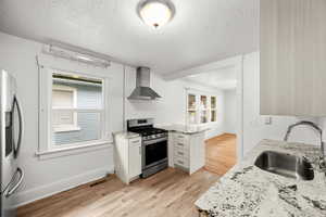 Kitchen with wall chimney range hood, sink, light hardwood / wood-style flooring, appliances with stainless steel finishes, and tasteful backsplash