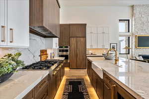 Kitchen featuring premium range hood, sink, appliances with stainless steel finishes, white cabinetry, and dark brown cabinetry