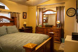 Bedroom featuring carpet floors and vaulted ceiling