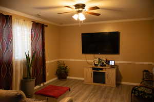 Living room with ceiling fan, light wood-type flooring, and crown molding