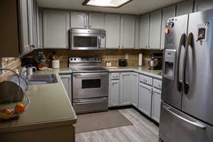 Kitchen featuring backsplash, sink, light wood-type flooring, and stainless steel appliances