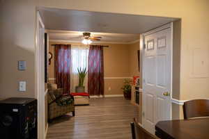 Sitting room with wood-type flooring, electric panel, ceiling fan, and ornamental molding