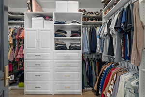 Walk in closet with light hardwood / wood-style floors