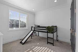 Bedroom with crown molding and light carpet