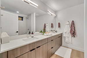 Bathroom with vanity, a shower, and wood-type flooring