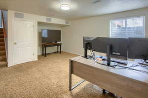 Carpeted office featuring a textured ceiling