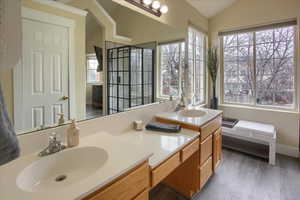 Primary Bathroom with vanity, wood-type flooring, and vaulted ceiling, beautiful views