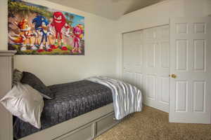 Bedroom featuring carpet, vaulted ceiling, and a closet