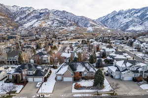 Snowy aerial view with a mountain view