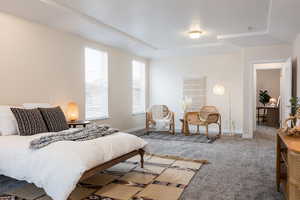 Bedroom with a raised ceiling and carpet