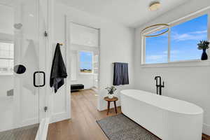 Bathroom with hardwood / wood-style floors and separate shower and tub