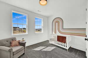 Bedroom with a crib and dark colored carpet