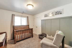 Bedroom with light colored carpet and a textured ceiling