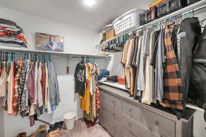 Walk in closet featuring carpet flooring and shelves