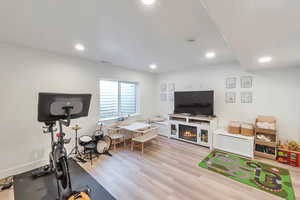 Family room with light hardwood / wood-style flooring