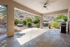 View of patio with ceiling fan