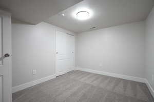 Interior space featuring carpet flooring and a textured ceiling