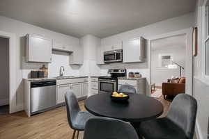 Kitchen featuring backsplash, white cabinets, sink, light hardwood / wood-style floors, and stainless steel appliances