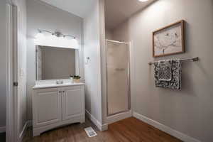 Bathroom with vanity, wood-type flooring, and walk in shower