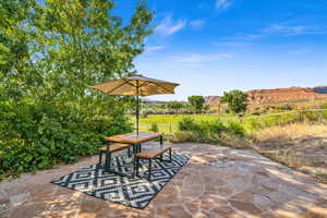 View of patio with a mountain view