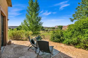 View of patio with a mountain view