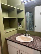 Bathroom with a shower, shower curtain and vanity