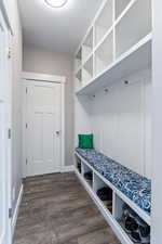 Mudroom featuring dark wood-type flooring