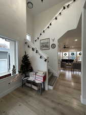 Staircase featuring hardwood / wood-style flooring and ceiling fan