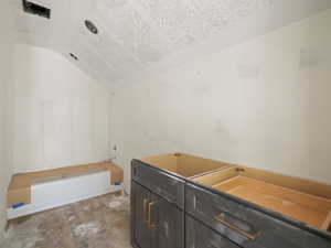 Bathroom featuring lofted ceiling