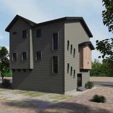 Exterior rendering showing painted siding plus wood. May have the timeline to add optional stone upgrade.