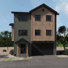 Exterior rendering showing painted siding plus wood. May have the timeline to add optional stone upgrade.