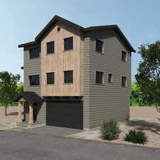 Exterior rendering showing painted siding plus wood. May have the timeline to add optional stone upgrade.