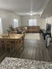 Dining space featuring dark wood-type flooring